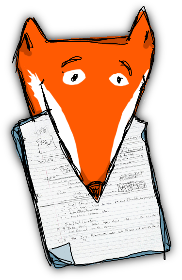 A drawing of a fox with a sheet of paper in its mouth.